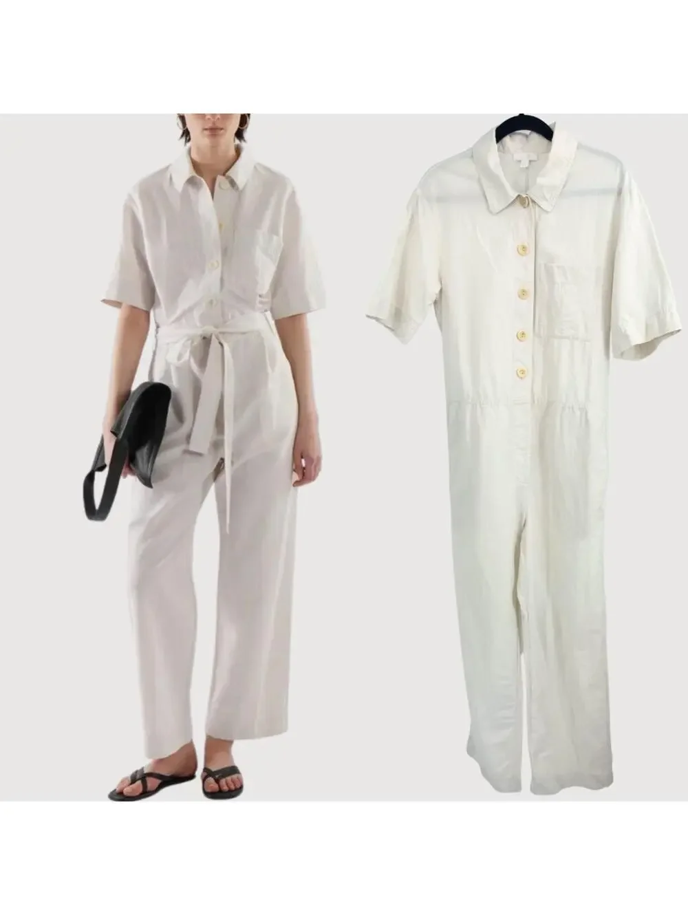 COS Linen Blend Wide Leg Utility Jumpsuit Cream 8